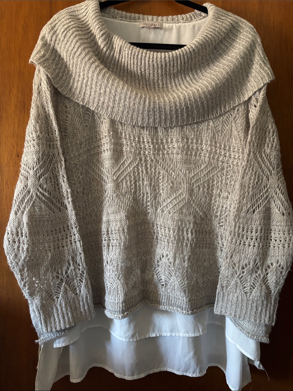 Roz & Ali Light Taupe Cowlneck Layered Knit Sweater. Romantic.